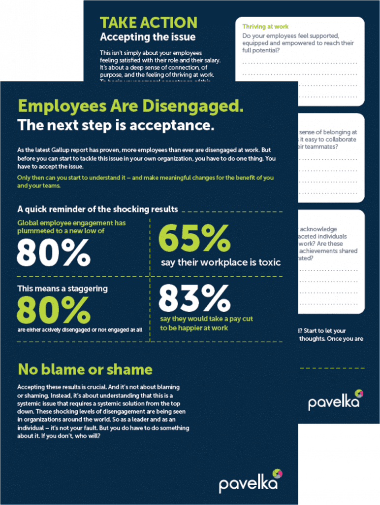 Employees Are Disengaged A dark blue 2-page handout with green and white text